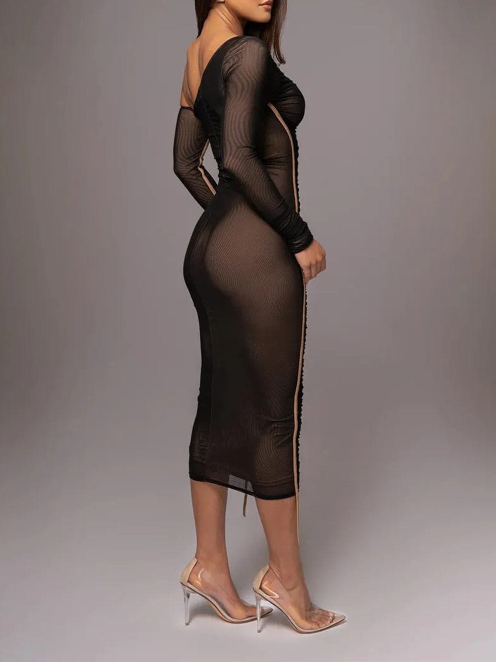 One Shoulder Long Sleeve Mesh Panel Ruched Bodycon Midi Dress