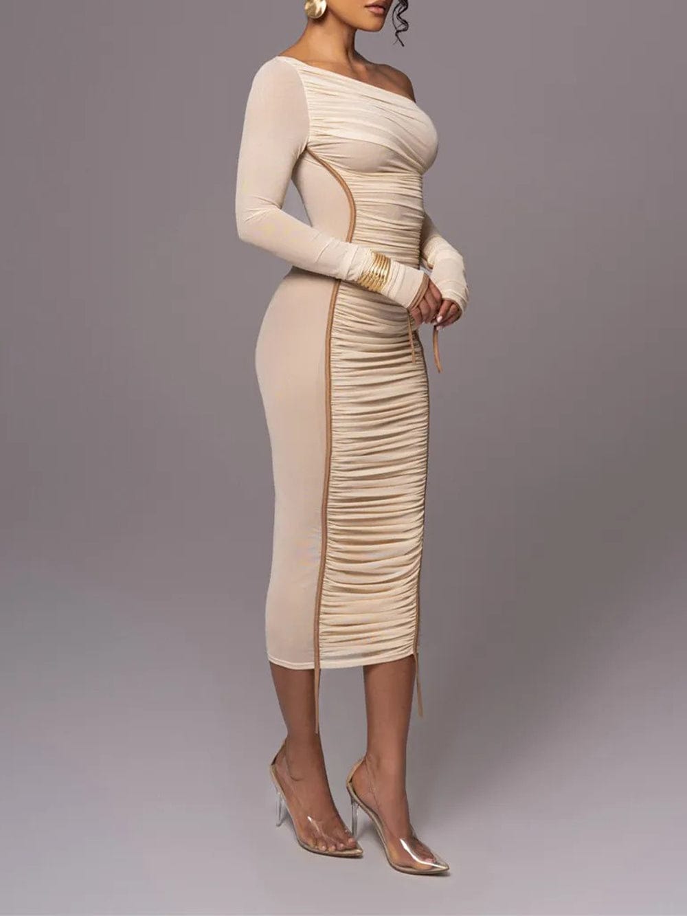 One Shoulder Long Sleeve Mesh Panel Ruched Bodycon Midi Dress