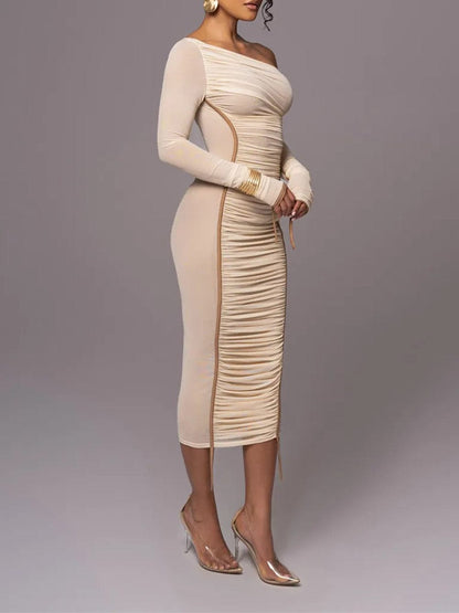 One Shoulder Long Sleeve Mesh Panel Ruched Bodycon Midi Dress