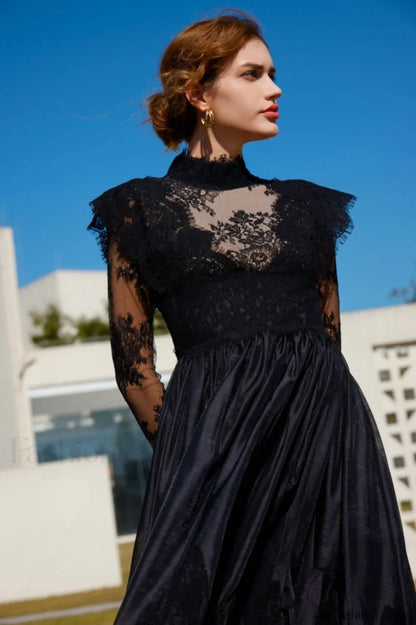 Jamie Black Floral Charming Lace Stitching Dress