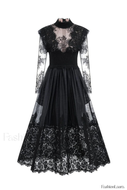 Jamie Black Floral Charming Lace Stitching Dress