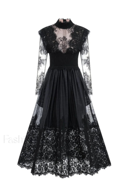 Jamie Black Floral Charming Lace Stitching Dress