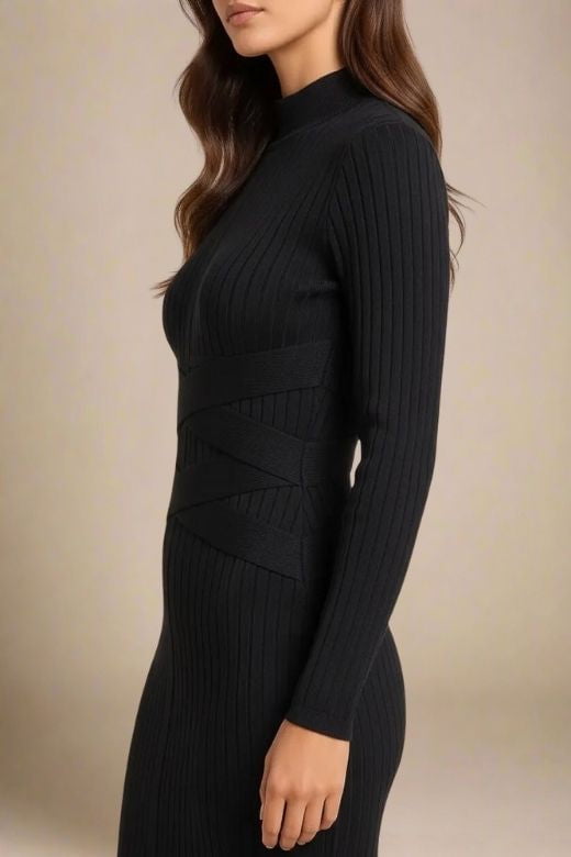 Classic Black Mock Neck Ribbed Criss Cross Waist Long Sleeve Bodycon Midi Dress