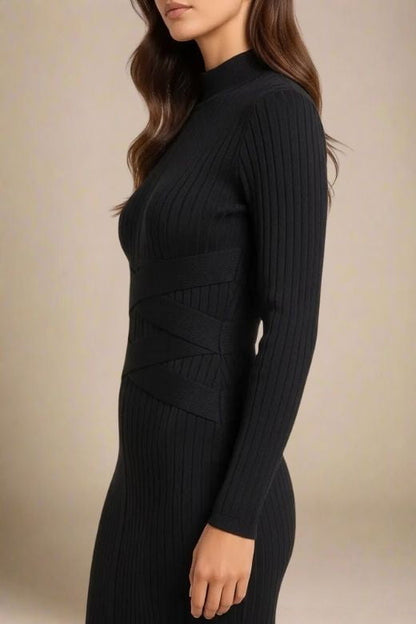 Classic Black Mock Neck Ribbed Criss Cross Waist Long Sleeve Bodycon Midi Dress