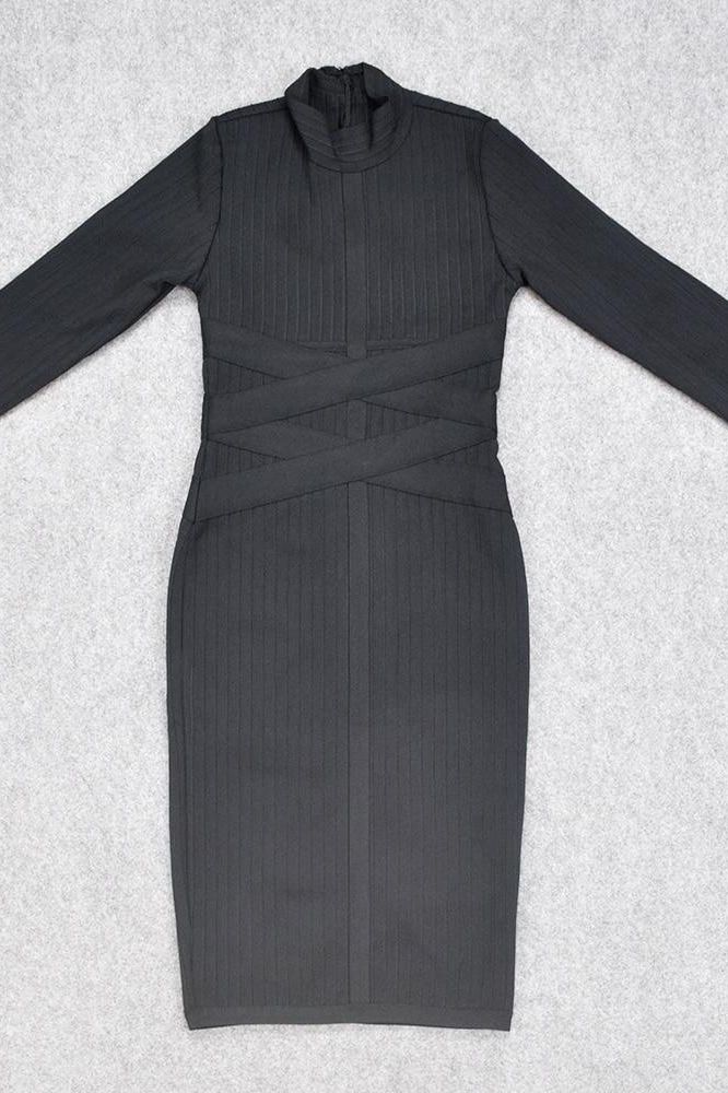 Classic Black Mock Neck Ribbed Criss Cross Waist Long Sleeve Bodycon Midi Dress