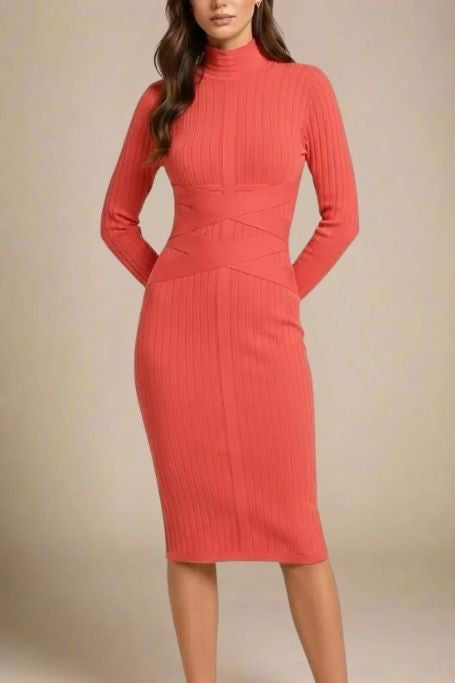 Lipstick Red Mock Neck Ribbed Criss Cross Waist Long Sleeve Bodycon Midi Dress