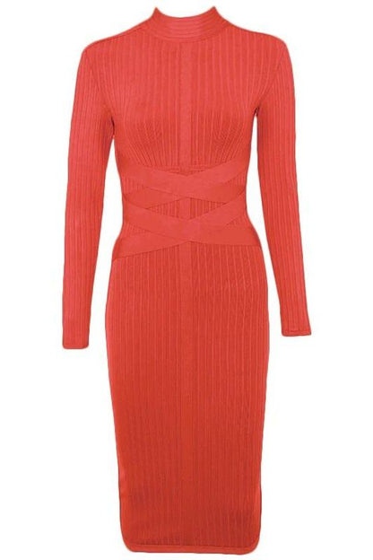 Lipstick Red Mock Neck Long Sleeve Criss Cross Waist Ribbed Knit Bandage Midi Dress