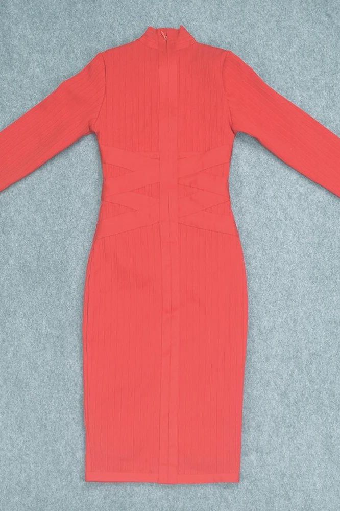 Lipstick Red Mock Neck Long Sleeve Criss Cross Waist Ribbed Knit Bandage Midi Dress