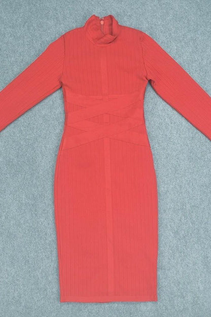 Lipstick Red Mock Neck Long Sleeve Criss Cross Waist Ribbed Knit Bandage Midi Dress