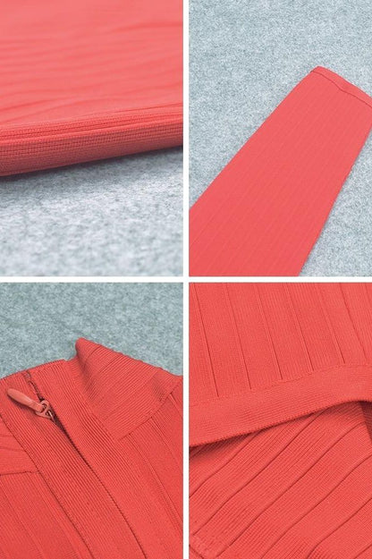Lipstick Red Mock Neck Ribbed Criss Cross Waist Long Sleeve Bodycon Midi Dress