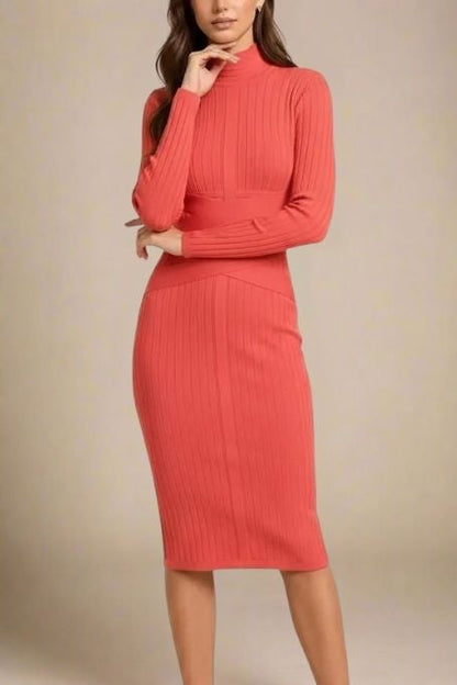 Lipstick Red Mock Neck Long Sleeve Criss Cross Waist Ribbed Knit Bandage Midi Dress
