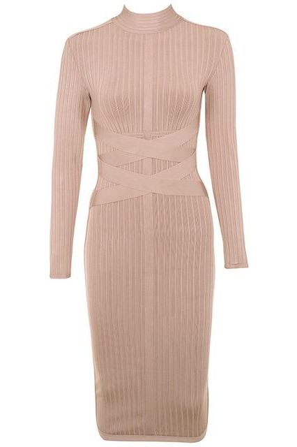 Nude Mock Neck Ribbed Criss Cross Waist Long Sleeve Bodycon Midi Dress
