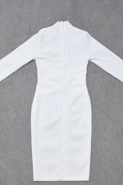 Pearl White Mock Neck Long Sleeve Criss Cross Waist Ribbed Knit Bandage Midi Dress