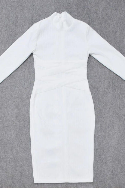 Pearl White Mock Neck Long Sleeve Criss Cross Waist Ribbed Knit Bandage Midi Dress