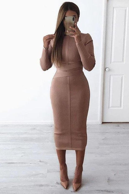 Pearl White Mock Neck Ribbed Criss Cross Waist Long Sleeve Bodycon Midi Dress