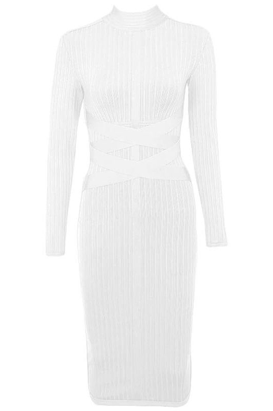 Pearl White Mock Neck Long Sleeve Criss Cross Waist Ribbed Knit Bandage Midi Dress