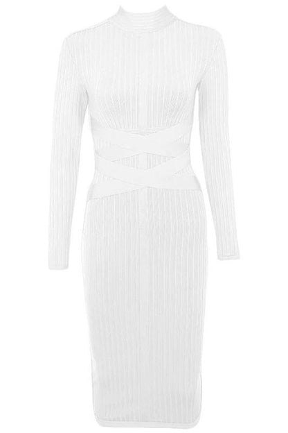 Pearl White Mock Neck Ribbed Criss Cross Waist Long Sleeve Bodycon Midi Dress