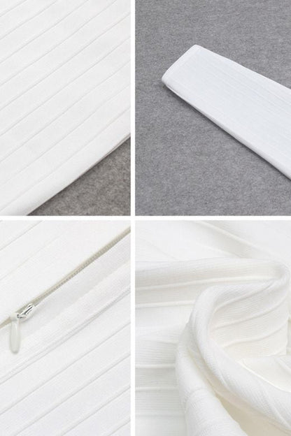 Pearl White Mock Neck Long Sleeve Criss Cross Waist Ribbed Knit Bandage Midi Dress