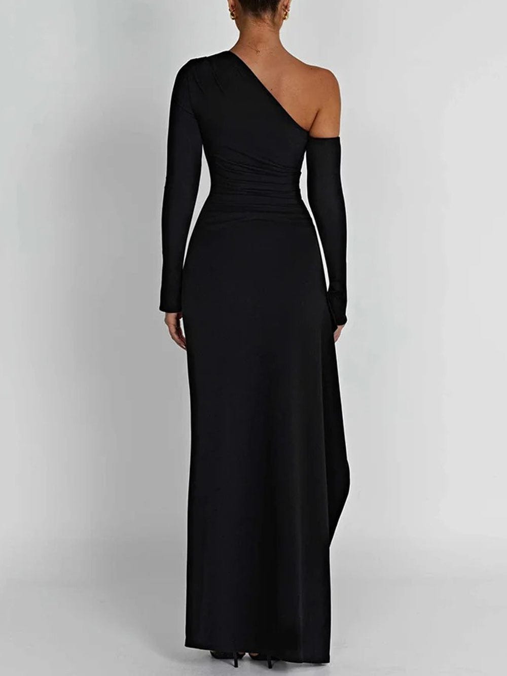 Black One Shoulder Long Sleeve Cold Shoulder Ruffle High Split Maxi Dress