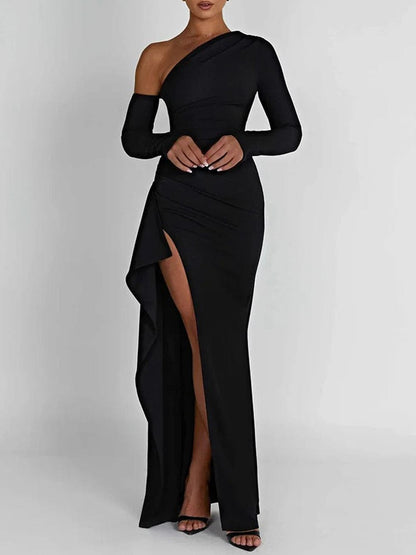 Black One Shoulder Long Sleeve Cold Shoulder Ruffle High Split Maxi Dress