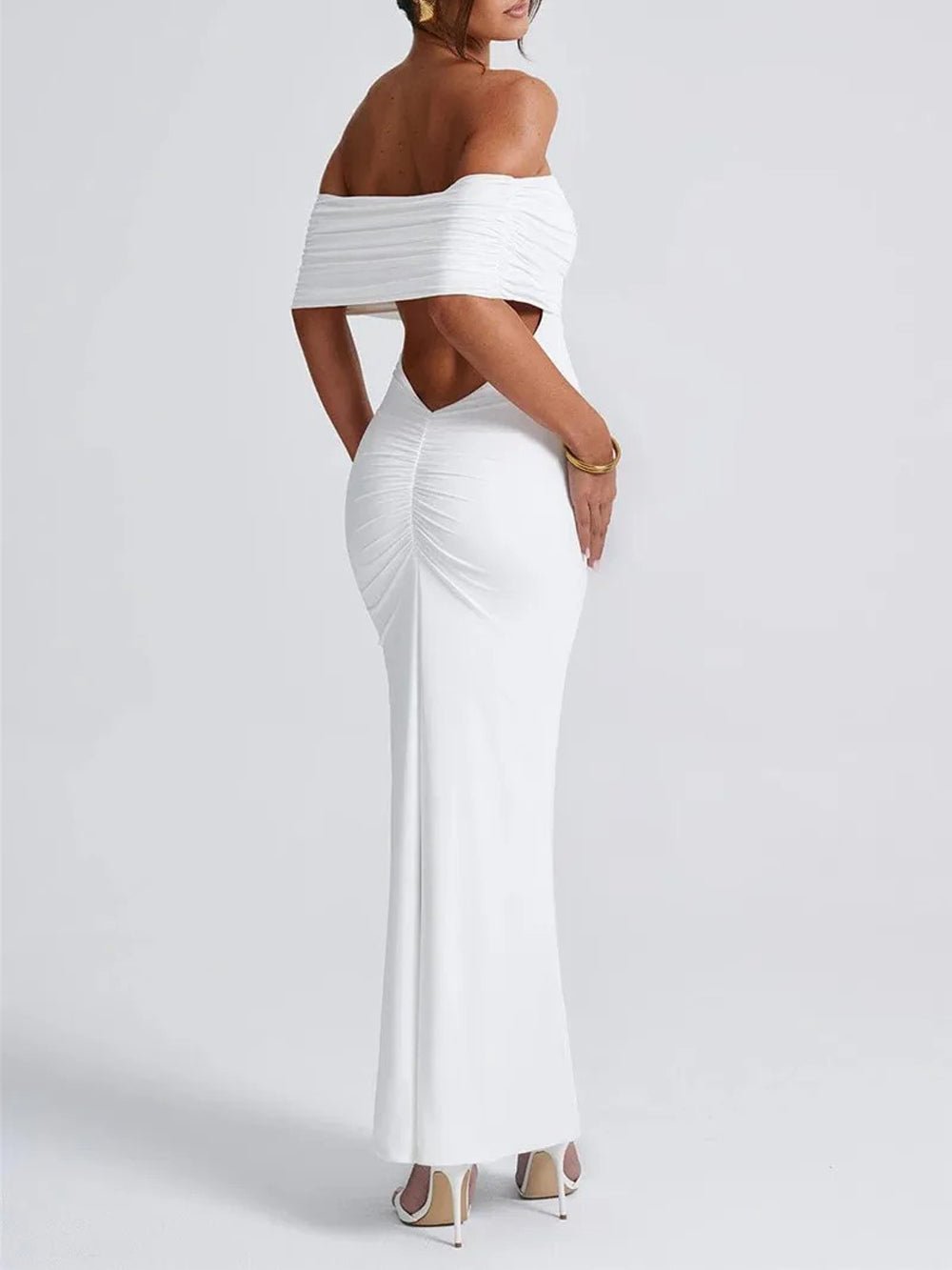 Off Shoulder Ruched Bust Band Bodycon Maxi Dress