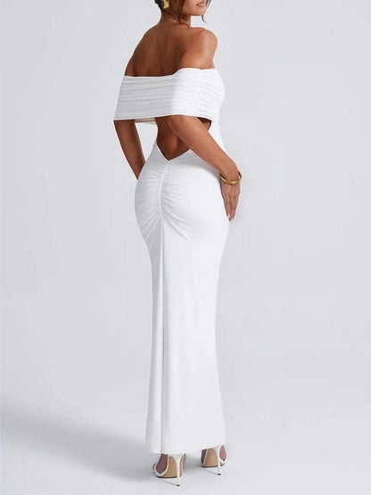 Off Shoulder Ruched Bust Band Bodycon Maxi Dress