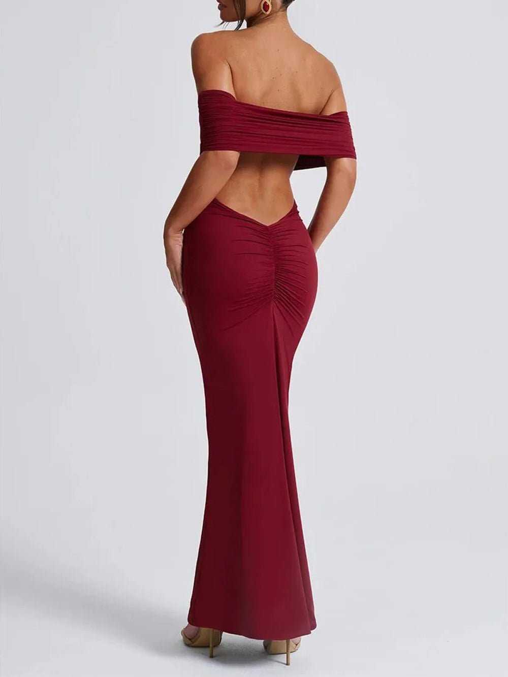 Off Shoulder Ruched Bust Band Bodycon Maxi Dress