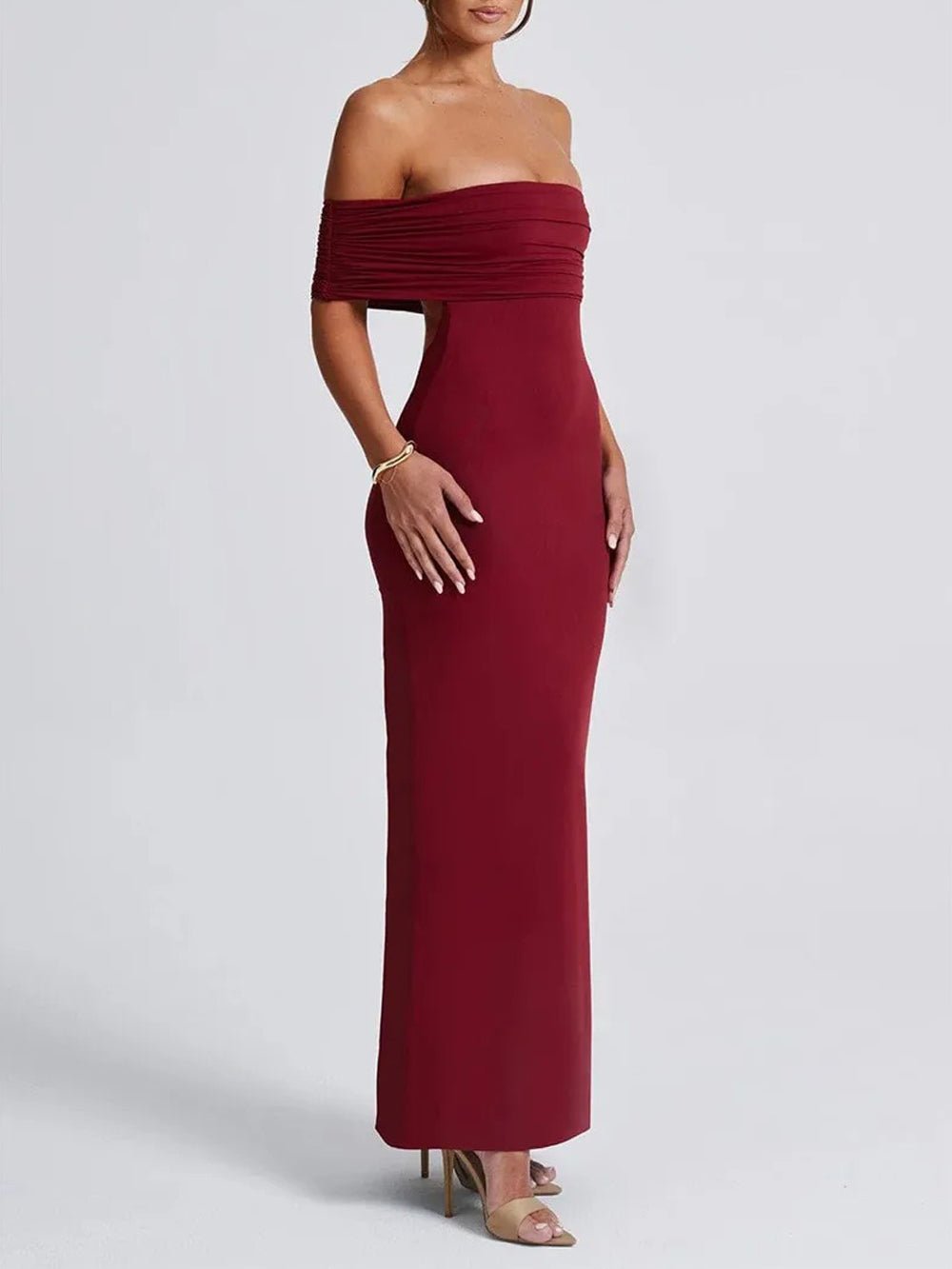 Off Shoulder Ruched Bust Band Bodycon Maxi Dress