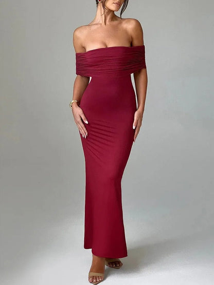 Off Shoulder Ruched Bust Band Bodycon Maxi Dress
