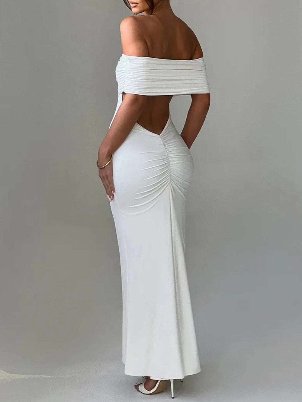 Off Shoulder Ruched Bust Band Bodycon Maxi Dress