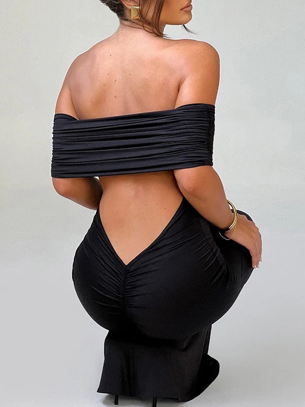 Off Shoulder Ruched Bust Band Bodycon Maxi Dress