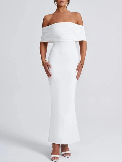Off Shoulder Ruched Bust Band Bodycon Maxi Dress