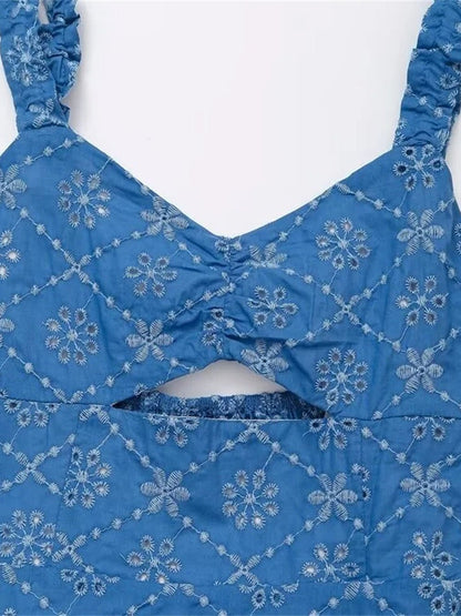 Blue Eyelet Embroidery Ruffle Strap Bust Cut Out Empire Waist Mini Dress