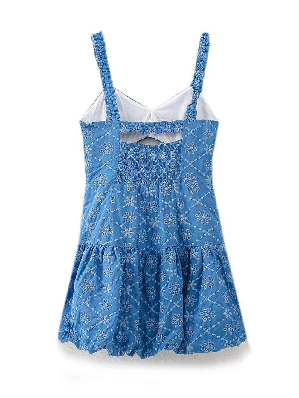 Blue Eyelet Embroidery Ruffle Strap Bust Cut Out Empire Waist Mini Dress