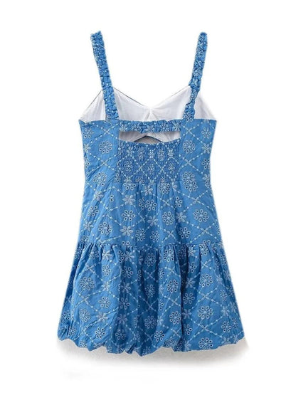 Blue Eyelet Embroidery Ruffle Strap Bust Cut Out Empire Waist Mini Dress