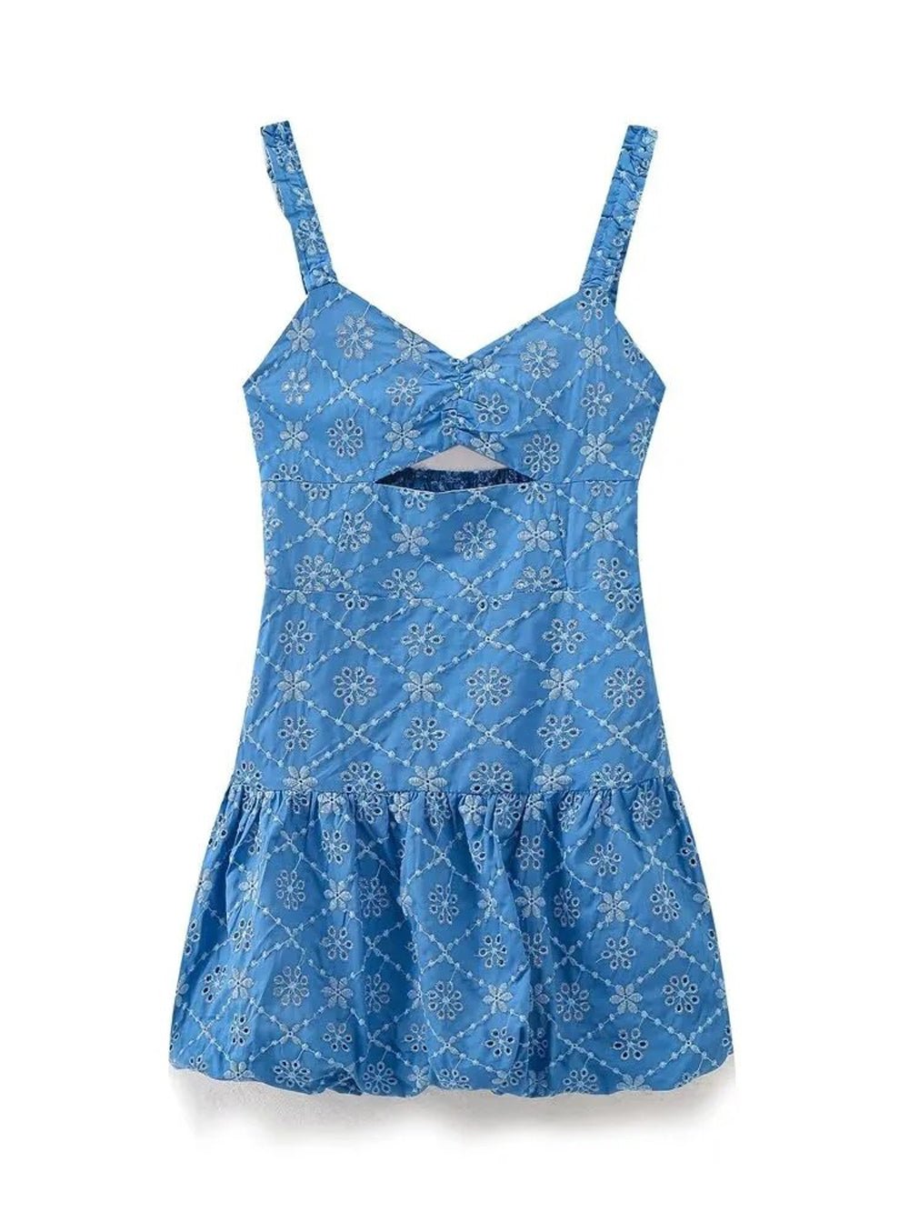 Blue Eyelet Embroidery Ruffle Strap Bust Cut Out Empire Waist Mini Dress