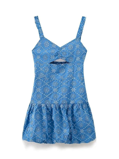 Blue Eyelet Embroidery Ruffle Strap Bust Cut Out Empire Waist Mini Dress