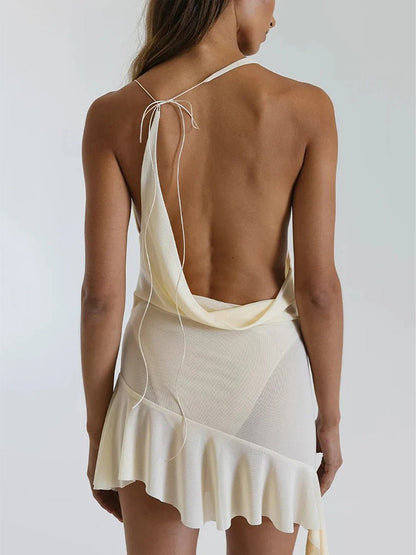 Halter Cowl Neck Ruched Asymmetric Ruffle Drape Train Mini Dress