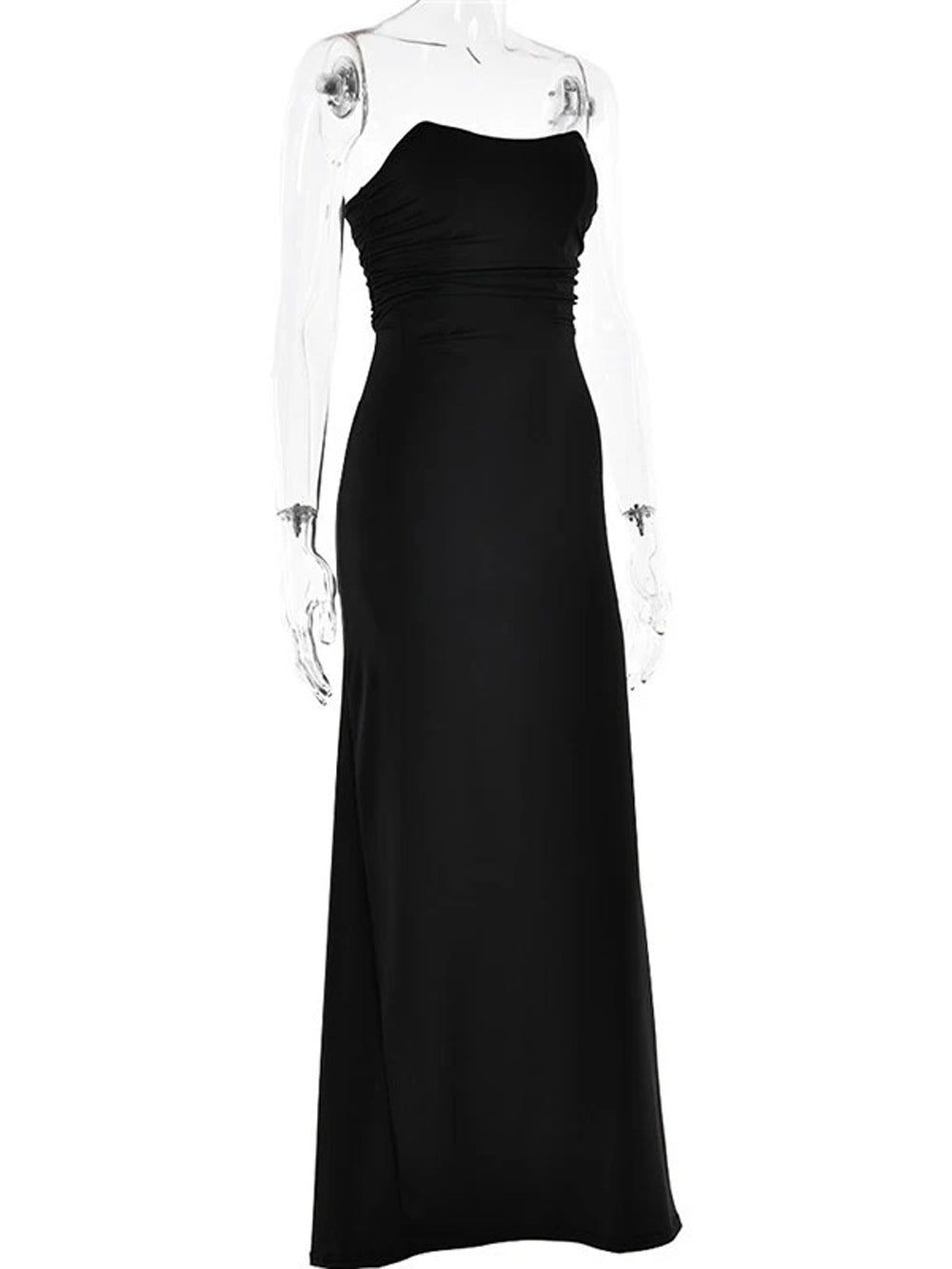 Strapless Bandeau Horizontal Ruched Bodycon Column Maxi Dress