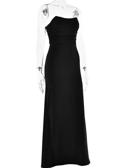 Strapless Bandeau Horizontal Ruched Bodycon Column Maxi Dress