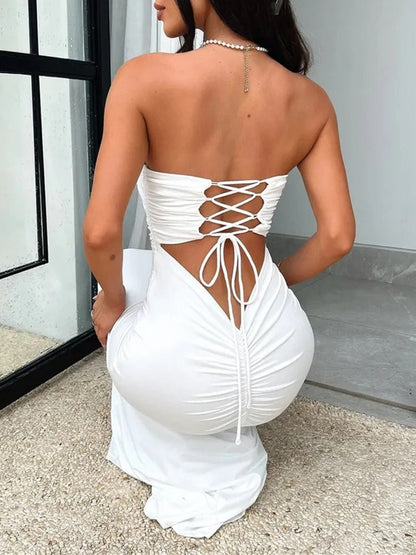 Strapless Bandeau Horizontal Ruched Bodycon Column Maxi Dress