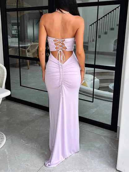 Strapless Bandeau Horizontal Ruched Bodycon Column Maxi Dress