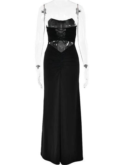 Strapless Bandeau Horizontal Ruched Bodycon Column Maxi Dress