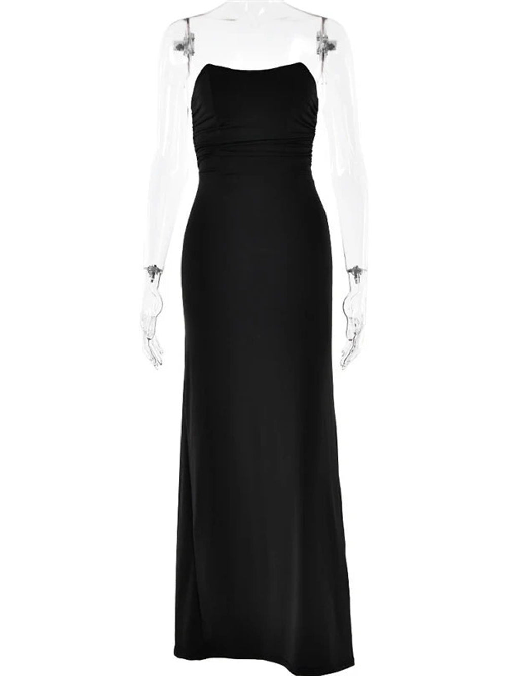 Strapless Bandeau Horizontal Ruched Bodycon Column Maxi Dress