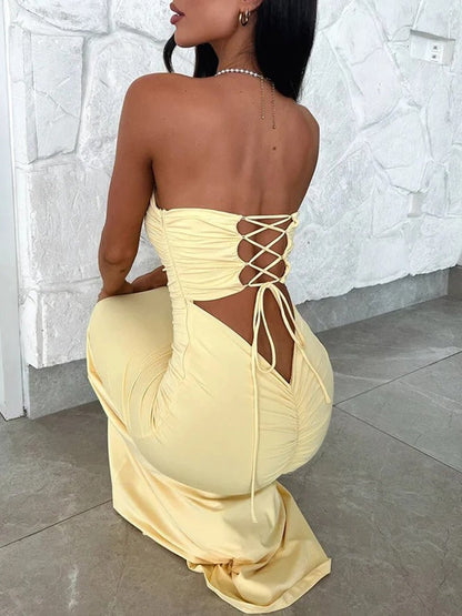 Strapless Bandeau Horizontal Ruched Bodycon Column Maxi Dress