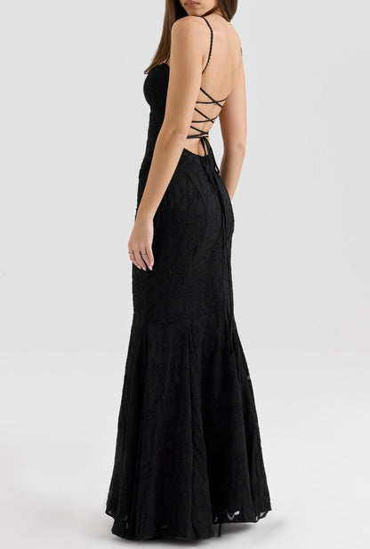 Floral Jacquard Ruffle Square Neck Spaghetti Strap Mermaid Maxi Gown