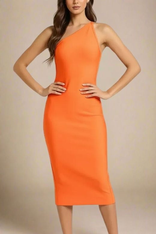 Apricot Orange One Shoulder Sleeveless Bodycon Midi Dress
