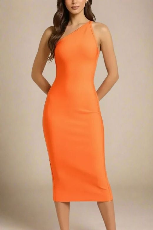 Apricot Orange One Shoulder Sleeveless Bodycon Midi Dress
