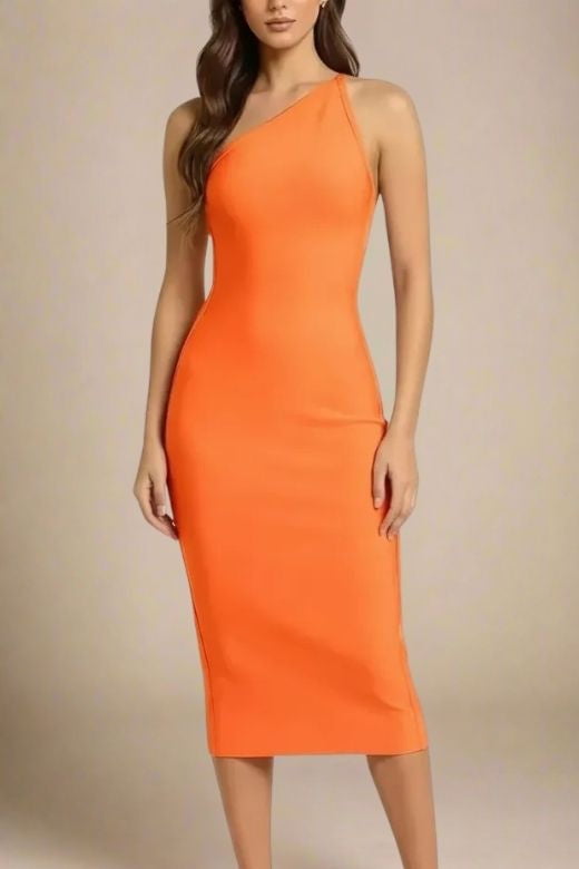 Apricot Orange One Shoulder Sleeveless Bodycon Midi Dress
