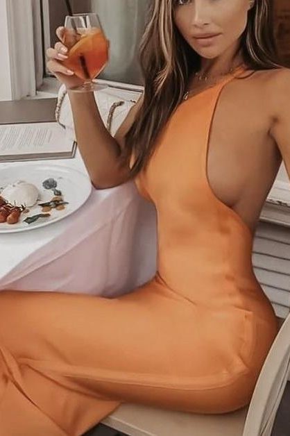 Apricot Orange One Shoulder Sleeveless Bodycon Midi Dress